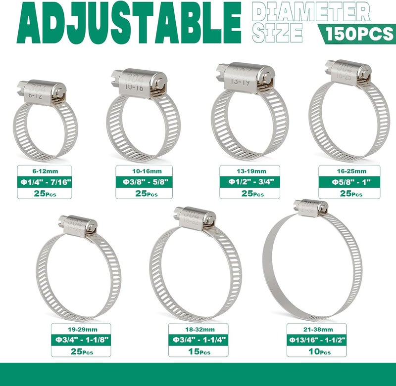 ORU 150PCS Hose Clamps Stainless Steel Assortment Adjustable 1/4"-1-1/2"(6-38mm) Worm Gear Hose Clamp, Heavy Duty Metal Small Hose Clamps for Automotive, Pipe, Radiator Plumbing, Fuel Line - Image 2